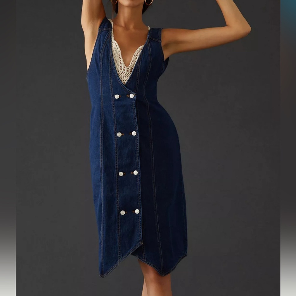 Pilcro Anthropologie Dark Wash Denim Vest Midi Dress Size 14 - Picture 1 of 10